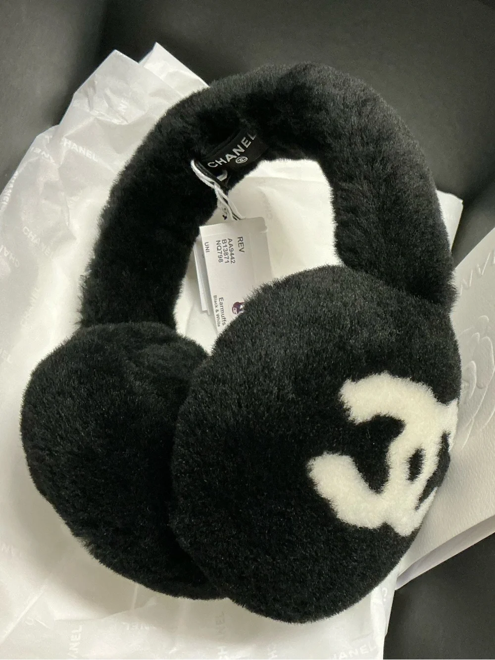 BNIB CHANEL Black White Logo Shearling Lamb Earmuffs